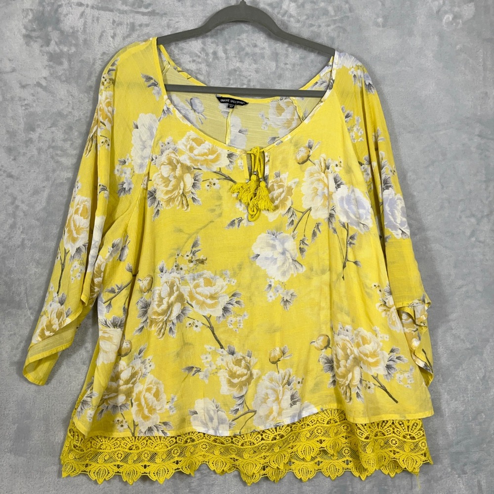 Unique Spectrum Women Blouse 3X Yellow Floral Lace Trim Boho Peasant Bell Sleeve